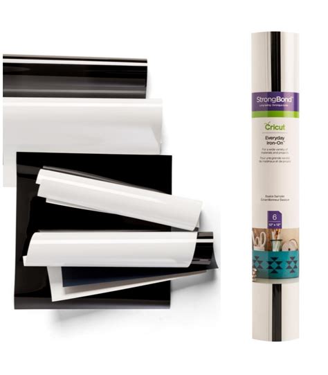 Cricut Everyday Iron-On 30.5x30.5cm 6-sheet Sampler (Basics); 6 sheets 12” x 12” (30.5 cm x 30.5 cm) in Black and White (3 of each color); Excellent results on the widest variety of materials and projects; Outlasts 50+ washes!*; Cuts beautifully and weeds easily